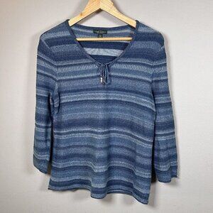 Ralph Lauren Blue Striped Tie V-Neck Pullover Sweater Long Sleeve Women's Size L